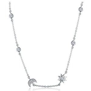 Sterling Silver 14 to 16 Inch Moon & Stars Necklace with AAA+ Cubic Zirconia